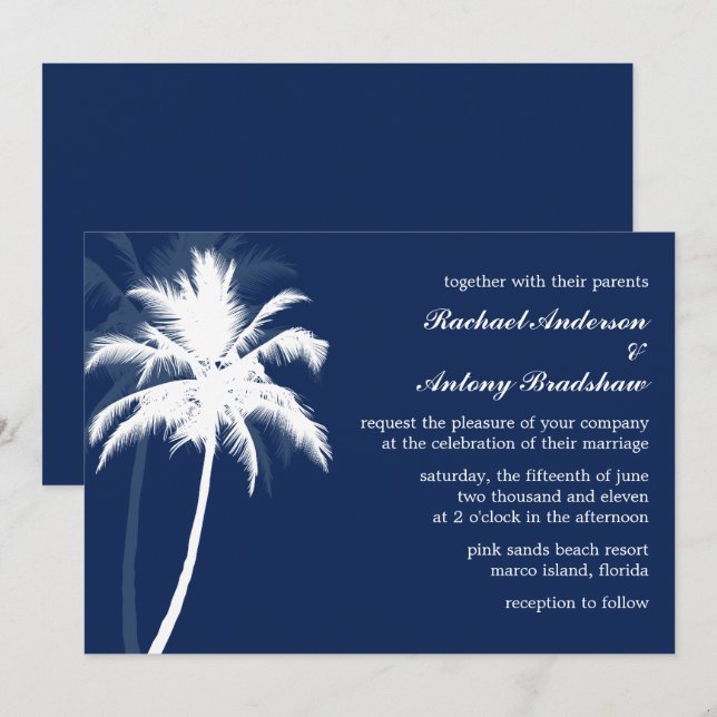 Tropical Breeze Blue Palm Trees Wedding Einladung (Vorne/Hinten)
