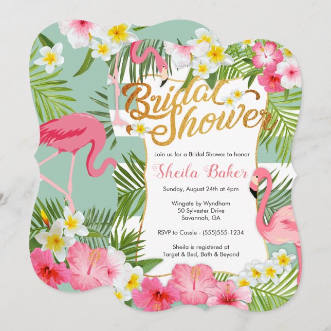 Tropical Bridal Dusche Einladung - Flamingos (Vorne/Hinten)