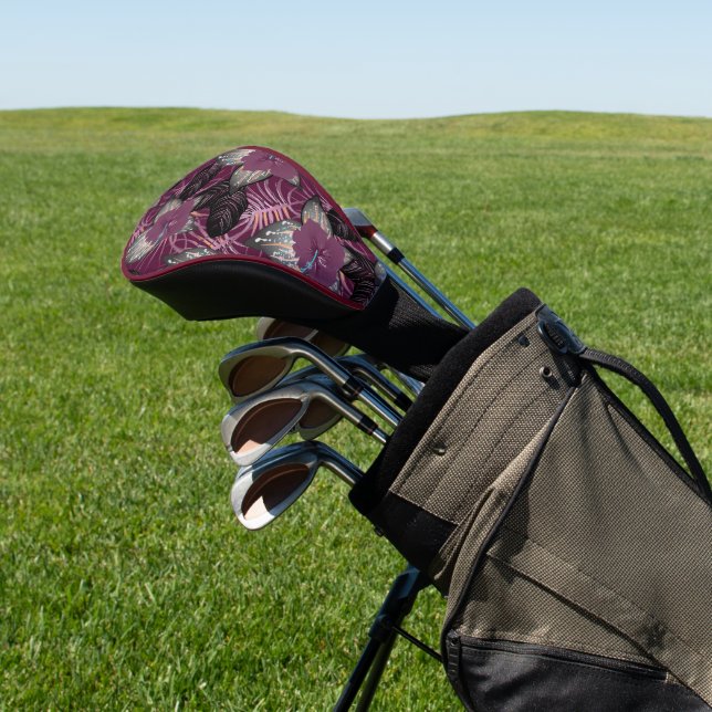 Tropical Burgundy Hibiskus Floral Golf Headcover (In SItu)