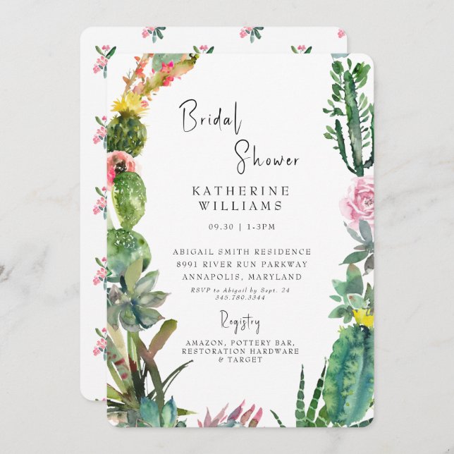 Tropical Cactus White Rounded Brautparty Einladung (Vorne/Hinten)