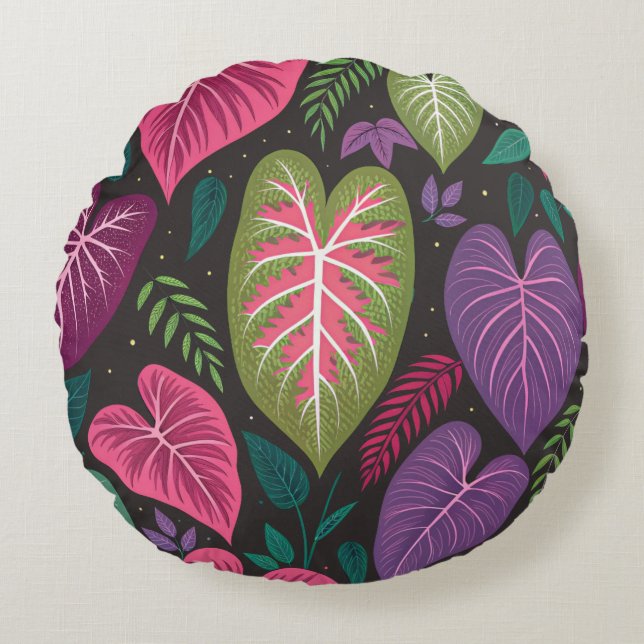 Tropical Caladium Round Pillow – Purple & Green Bo Rundes Kissen (Vorderseite)
