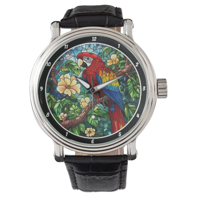 Tropical Canopy Time" - Stained Glass Parrot  Armbanduhr (Vorderseite)
