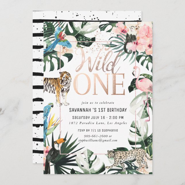 Tropical Chic | Pink Wild One Geburtstagsparty Einladung (Vorne/Hinten)