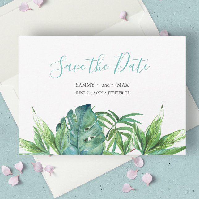 Tropical Chic Watercolor Grüne Save the Date (tropical beach wedding save the date invitation card features watercolor tropical leaves, )