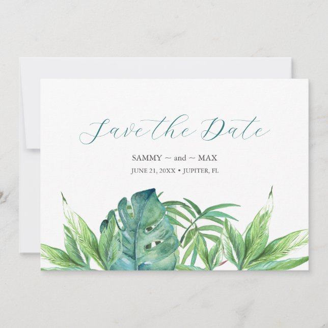 Tropical Chic Watercolor Grüne Save the Date (Vorderseite)