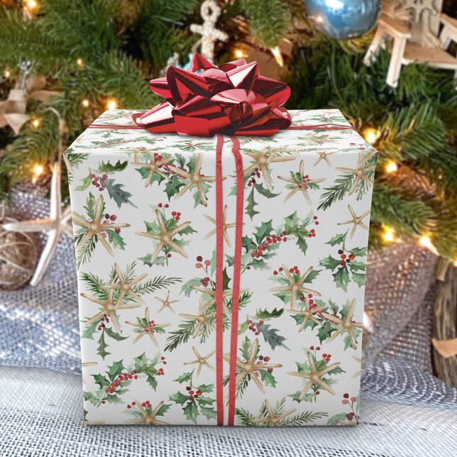 Tropical Christmas Beach Starfish und Holly Geschenkpapier (Von Creator hochgeladen)