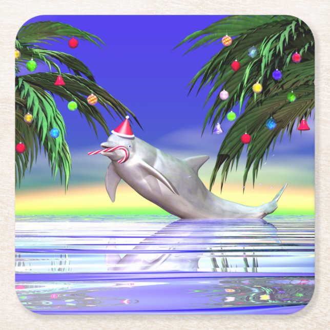 Tropical Christmas Dolphin Rechteckiger Pappuntersetzer (Vorderseite)
