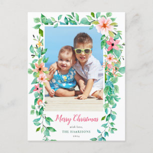 Tropical Christmas Floral Frame Holiday Photo Postkarte