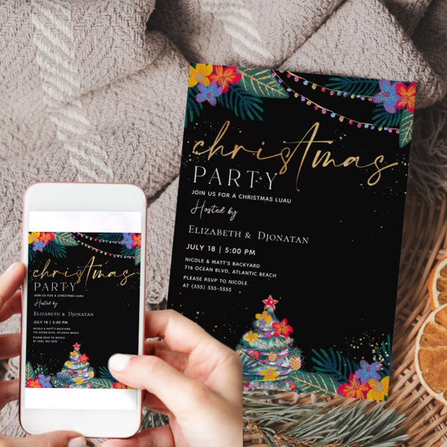 Tropical Christmas Gold Glitzer Einladungskarte Einladung (Tropical Christmas Invitation)