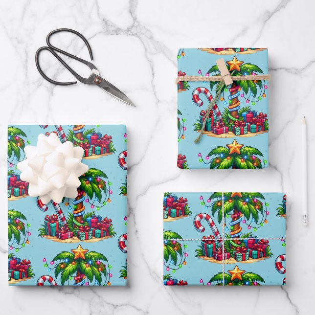 Tropical Christmas Palm Tree Muster Geschenkpapier Set (Vorderseite)