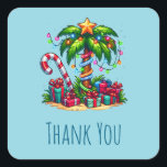 Tropical Christmas Palm Tree Vielen Dank Quadratischer Aufkleber<br><div class="desc">Vielen Dank für die Aufkleber mit einem saisonalen Urlaubsbild. Eine tropische Palme,  die mit festlichen Lichtern dekoriert ist und auf der ein Stern steht. Ein riesiger,  rot-weißer Bonbons,  der aus dem Sand ragt. Weihnachten präsentiert sich unter dem Baum. Whimsical und lustig.</div>