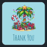 Tropical Christmas Palm Tree Vielen Dank Quadratischer Aufkleber<br><div class="desc">Vielen Dank für die Aufkleber mit einem saisonalen Urlaubsbild. Eine tropische Palme,  die mit festlichen Lichtern dekoriert ist und auf der ein Stern steht. Ein riesiger,  rot-weißer Bonbons,  der aus dem Sand ragt. Weihnachten präsentiert sich unter dem Baum. Whimsical und lustig.</div>