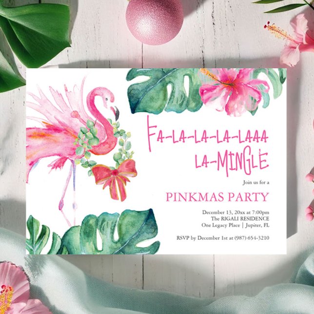 Tropical Christmas Party Watercolor Flamingo Einladung (Christmas invitations watercolor pink flamingo tropical art by Victoria Grigaliunas Do Tell A Belle)