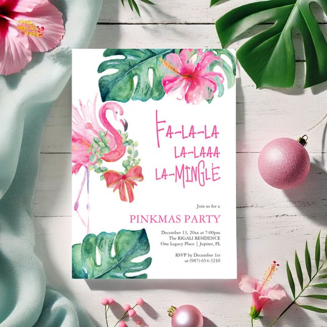 Tropical Christmas Party Watercolor Flamingo Feiertagskarte (Pinkmas Christmas invitations watercolor tropical art by Victoria Grigaliunas of Do Tell A Belle)