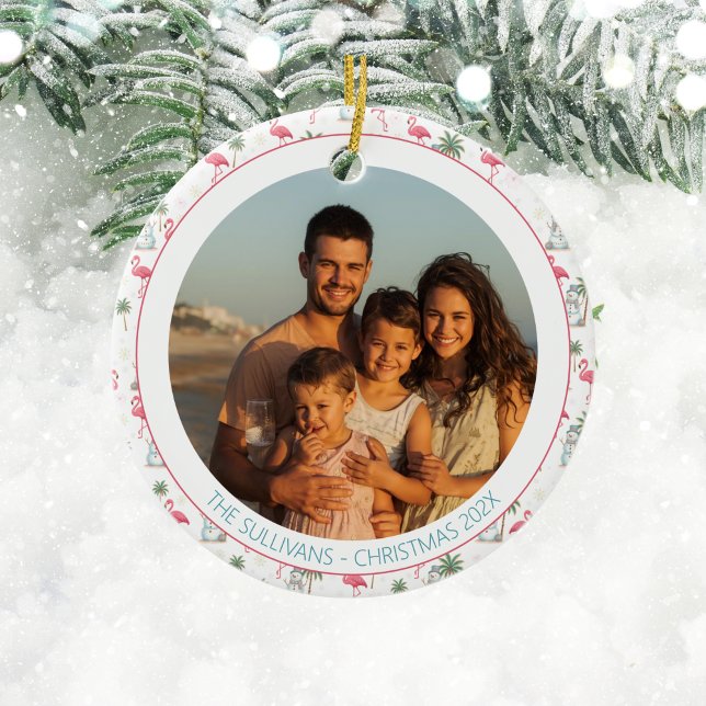Tropical Christmas Pink Flamingo Family Photo Keramik Ornament (Pink flamingo tropical Christmas family photo tree ornament)