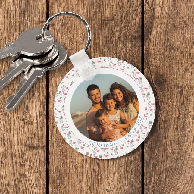 Tropical Christmas Pink Flamingo Family Photo Schlüsselanhänger (Pink flamingo pattern family photo keychain)