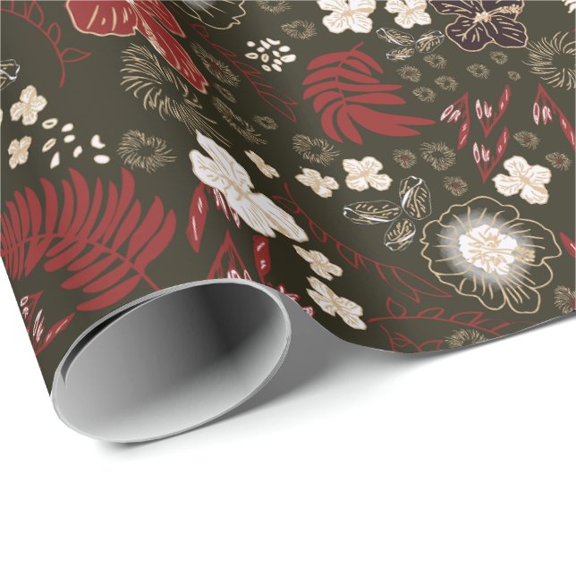 Tropical Christmas Red Sage Black Hibiscus Floral Geschenkpapier (Rolleneckpunkt)