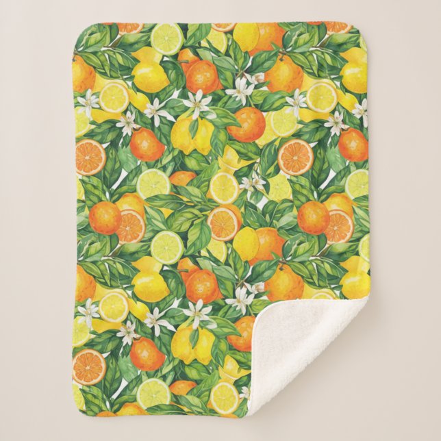 Tropical Citrus Medley Watercolor Pattern Sherpadecke (Vorderseite)