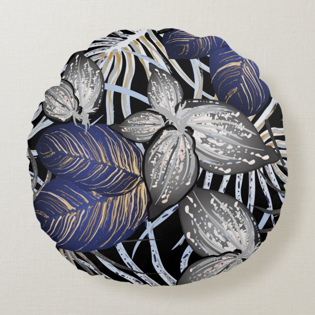 Tropical Class ist eine blaue, silberne und golden Rundes Kissen (Vorderseite)