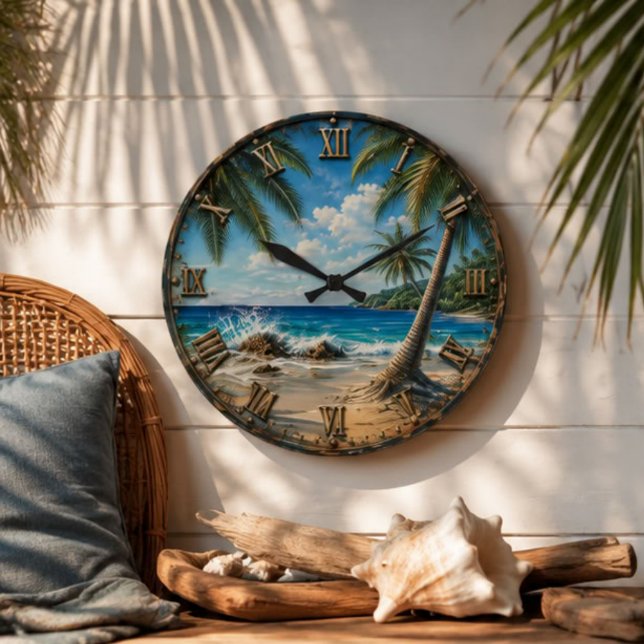 Tropical Coastal Ocean palm Tree Beach Große Wanduhr (Von Creator hochgeladen)