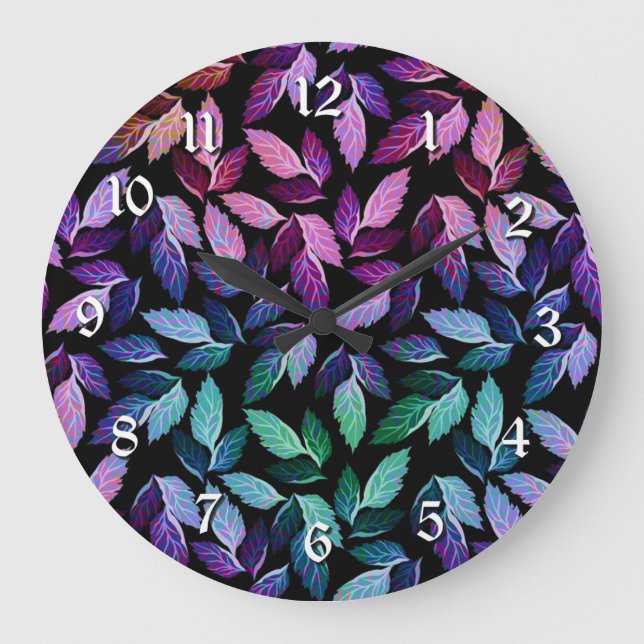 Tropical Colors Falling Leaves Wall Clock Große Wanduhr (Vorderseite)