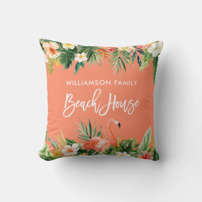 Tropical Coral Floral Brush Script Beach House Kissen (Vorderseite)