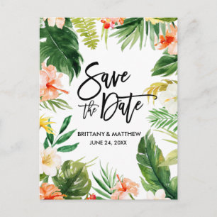 Tropical Coral Floral Brush Script Save the Date Postkarte