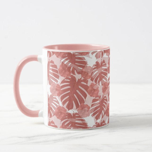 Tropical Coral Monstera Palm Blätter Muster Tasse (Links)