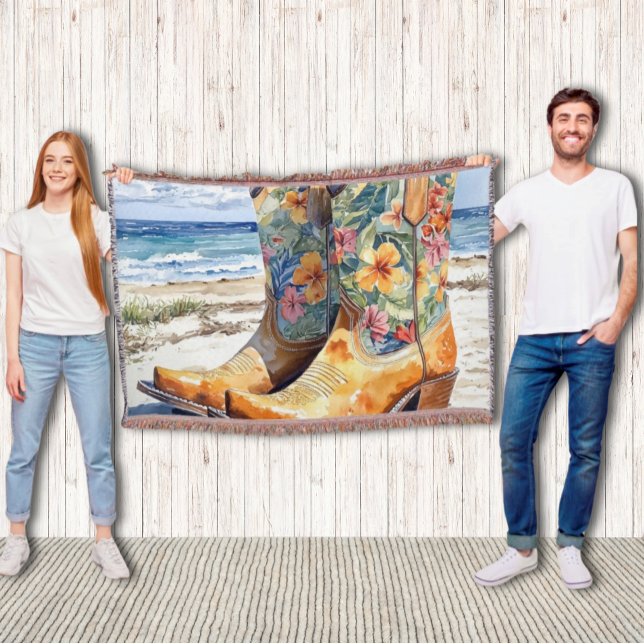 Tropical Cowgirl Western trifft sich mit Tropical  Decke (Western Fringe Throw Blanket with Tropical Hawaiian Floral Cowgirl Boots Rustic Meets Beach )