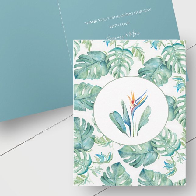 Tropical Custom Wedding Danke Cards (Tropical wedding thank you cards watercolor botanical art by Victoria Grigaliunas Do Tell A Belle)