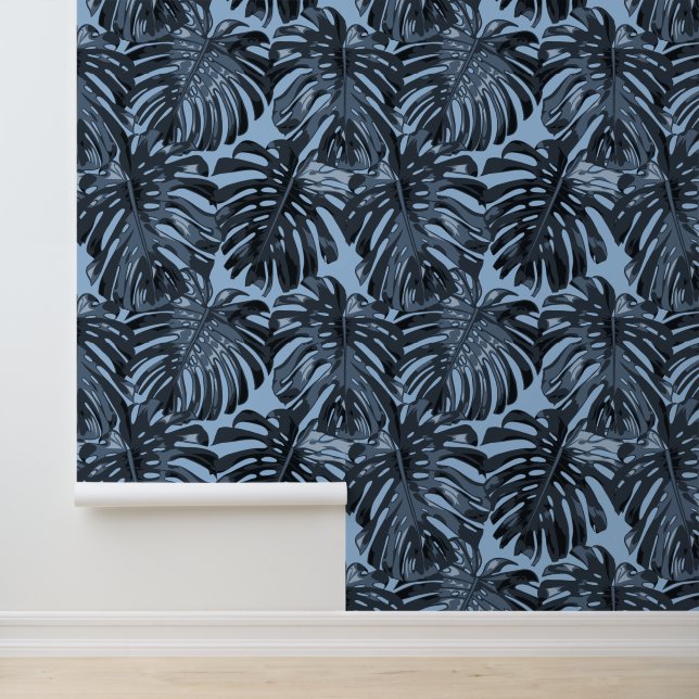 Tropical Dark Blue Black Jungle Leaves Tapete (Anwendung)
