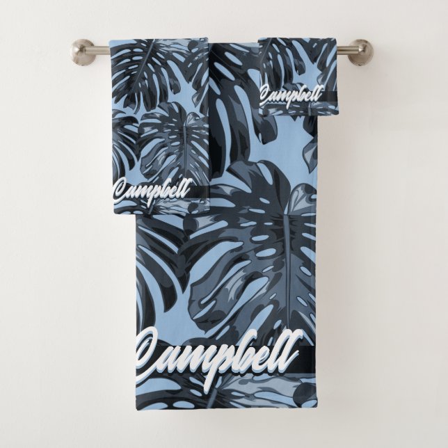 Tropical Dark Blue Black Monstera Blätter Name Badhandtuch Set (Insitu)