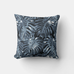 Tropical Dark Mute Blue Palm Blätter Kissen