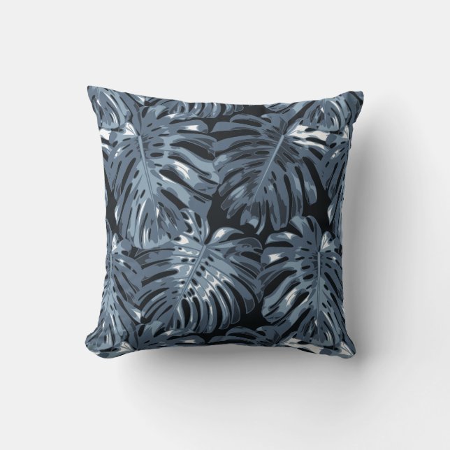 Tropical Dark Mute Blue Palm Blätter Kissen (Vorderseite)
