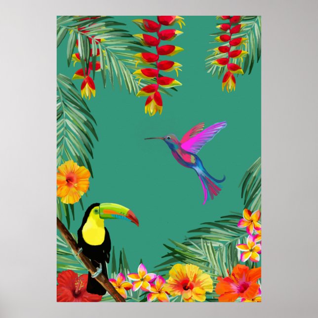 Tropical Delight hummingbird toucan flowers  Poster (Vorne)