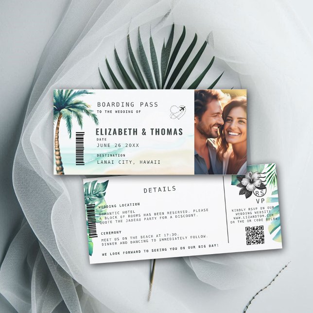 Tropical Destination Boarding Pass Beach Hochzeit Einladung (destination wedding invitation tropical hawaii boarding pass botanical palm tree watercolor)