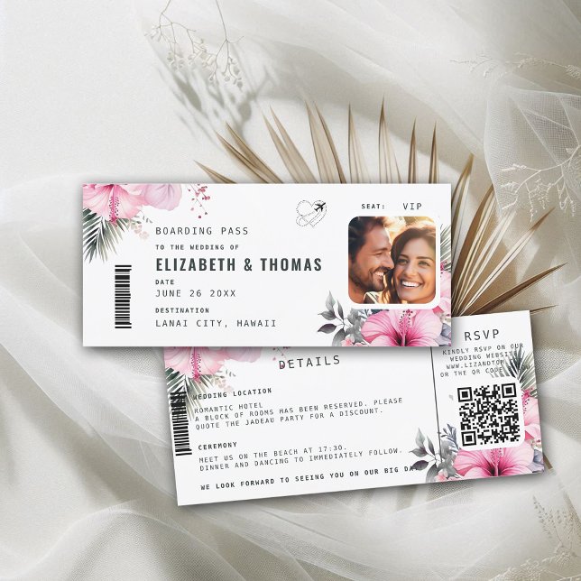 Tropical Destination Boarding Pass Blumenhochzeit Einladung (destination wedding invitation tropical hawaii boarding pass hibiscus floral pink watercolor)