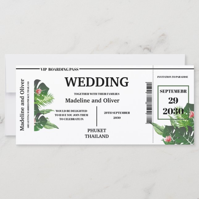 Tropical Destination Boarding Pass Wedding Einladu (Vorderseite)