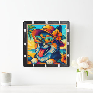 Tropical Dog Sunglasses Cartoon Quadratische Wanduhr