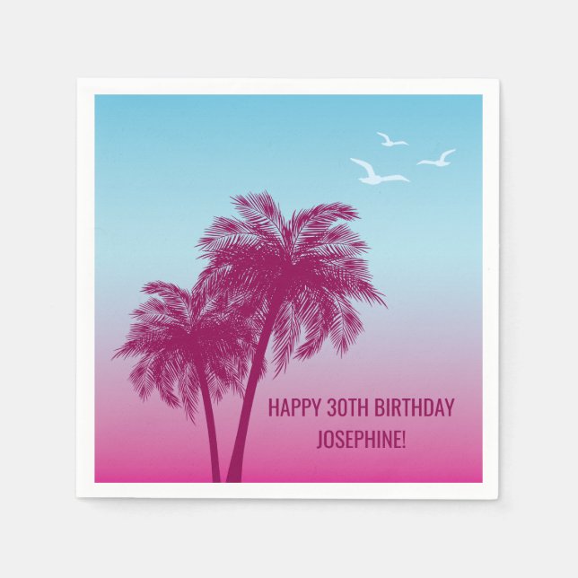Tropical Dusk With Pink Palm Trees Happy Birthday Serviette (Vorderseite)