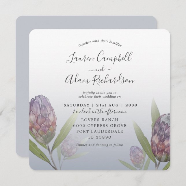 Tropical Dusty Blue & Lila Floral Wedding Einladung (Vorne/Hinten)