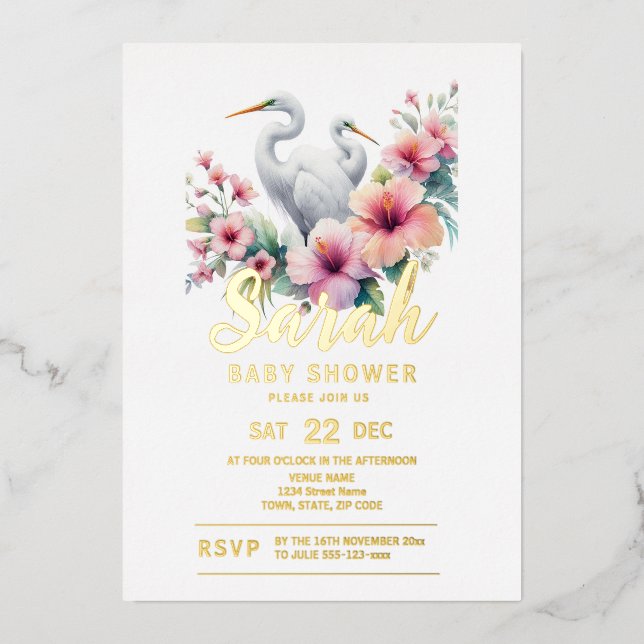 Tropical Egret Bird Coastal Baby Dusche Folieneinladung (Vorderseite)