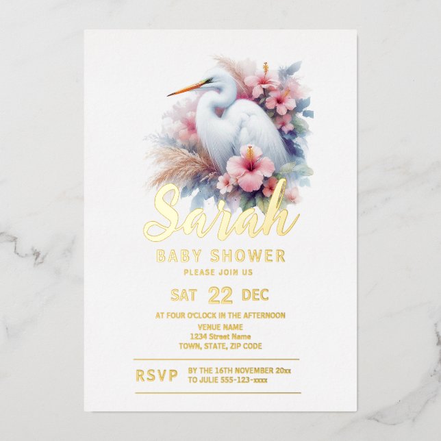 Tropical Egret Bird Coastal Baby Dusche Folieneinladung (Vorderseite)