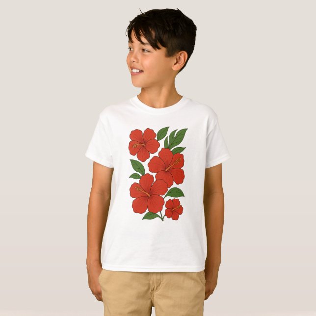 Tropical Elegance Red Hibiscus on Black T-Shirt (Vorne ganz)