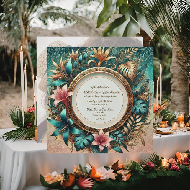 Tropical Elegance Round Frame Wedding Einladung (Von Creator hochgeladen)