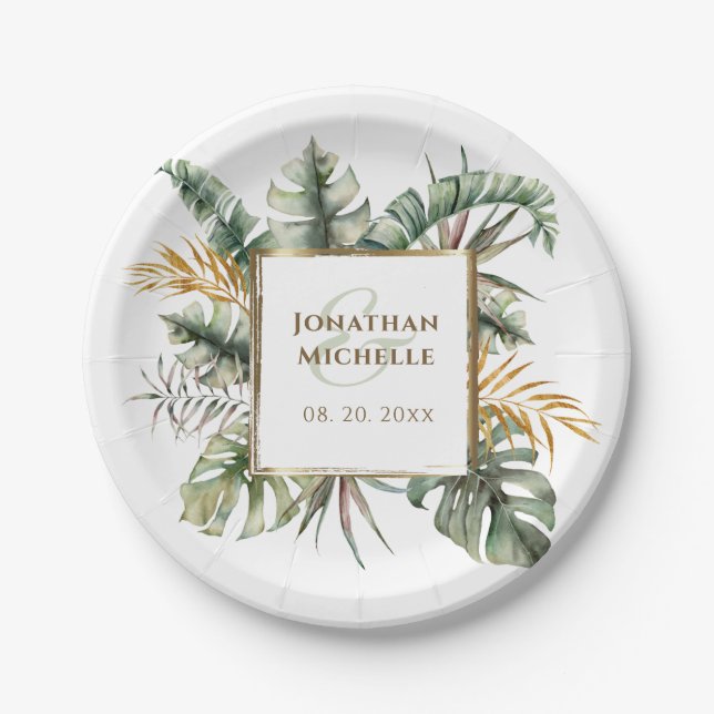 Tropical Elegant Green Palms Gold Frame Wedding Pappteller (Vorderseite)
