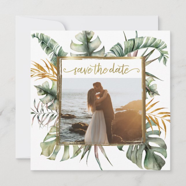 Tropical Elegant Palms Gold Frame Foto Save The Date (Vorderseite)