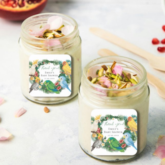 Tropical Exotic Baby Wild Parrots Baby Shower Squa Quadratischer Aufkleber (Von Creator hochgeladen)