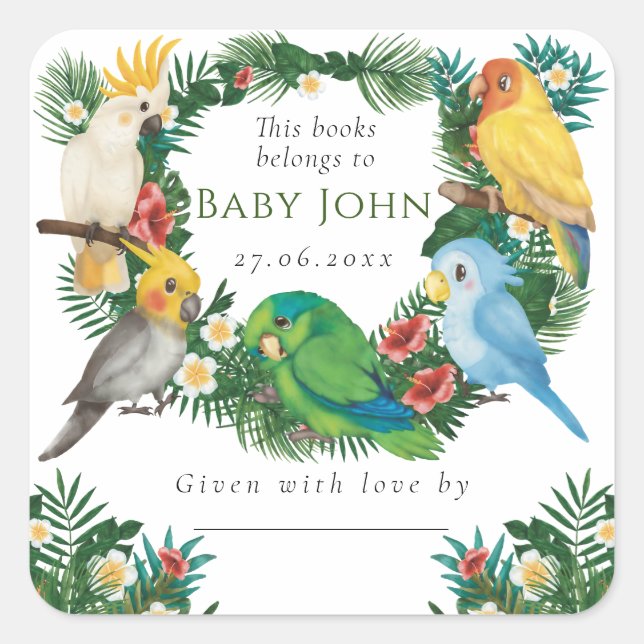 Tropical Exotic Baby Wild Parrots Baby Shower Squa Quadratischer Aufkleber (Vorderseite)