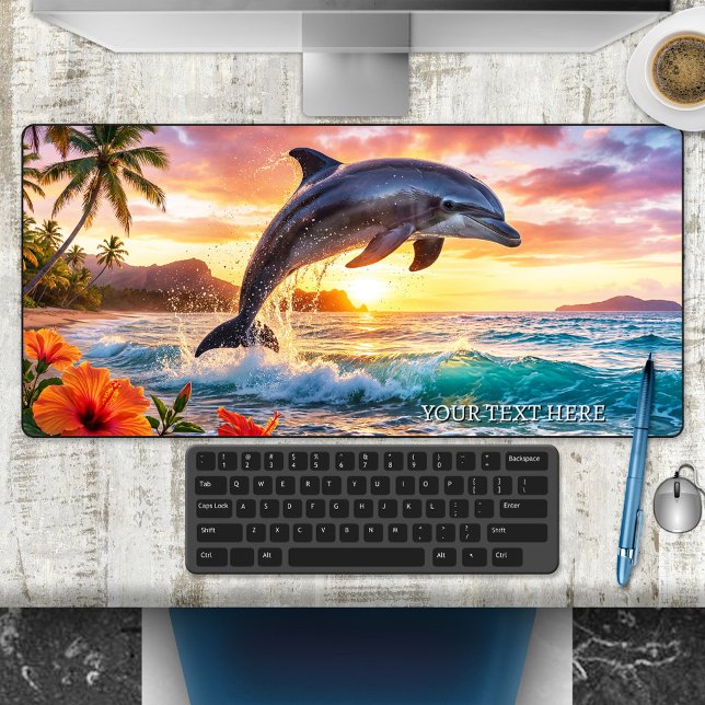 Tropical Fantasy Dolphin Sunset  Schreibtischunterlage (Desk mat featuring a fantasy painting of a dolphin on a tropical beach at sunset)